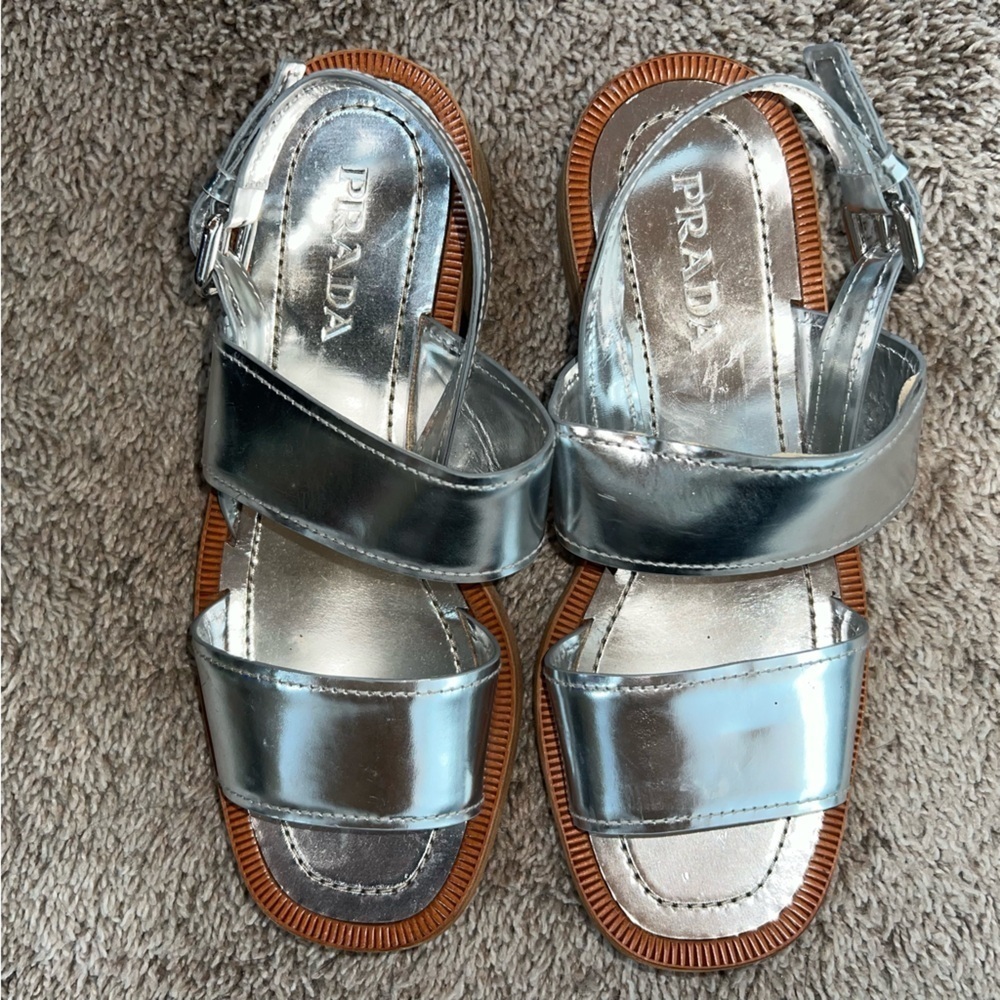 PRADA silver patent leather double banded metallic sandals sz 7 - Picture 2 of 12